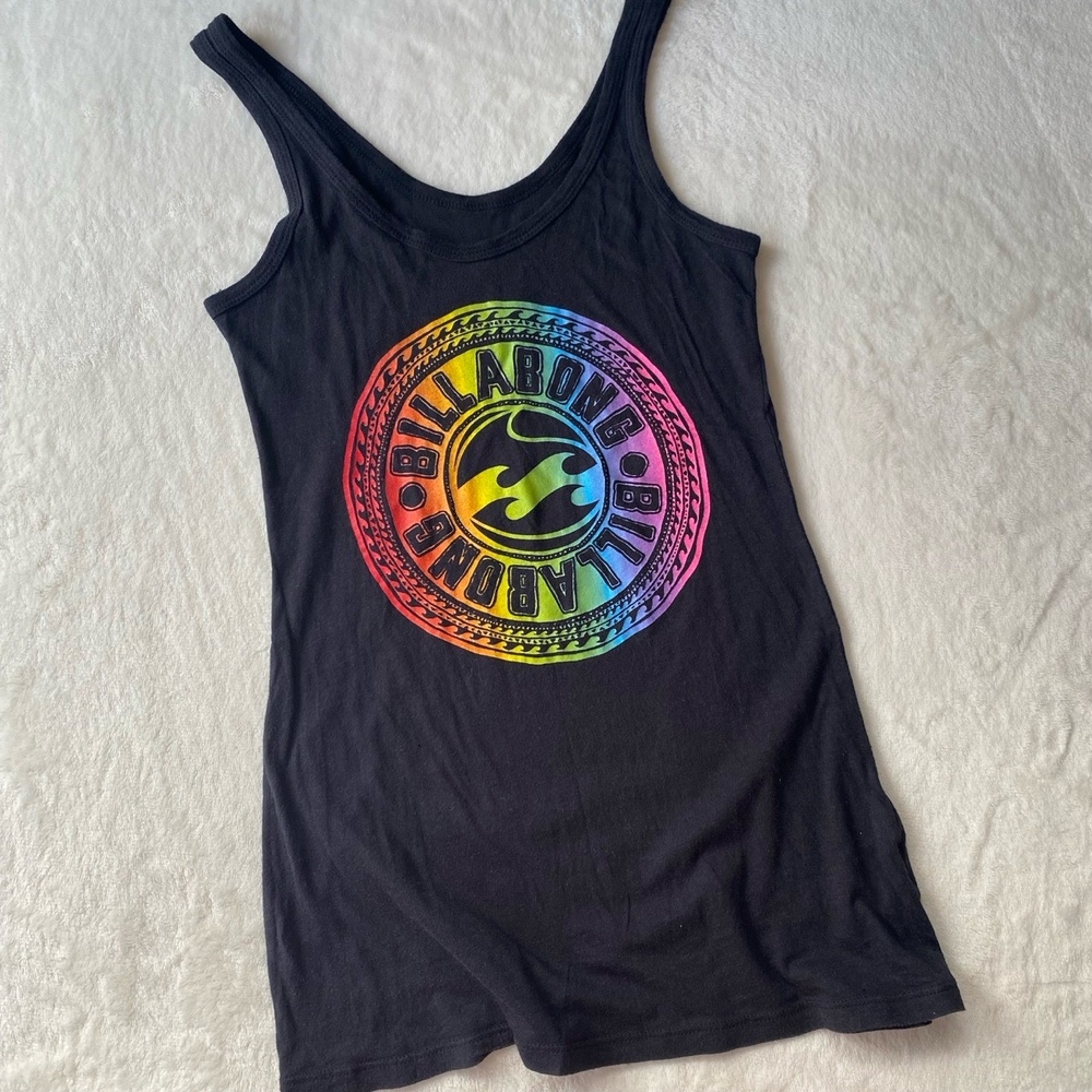 Billabong Womens Tank Top Size Small Black Rainbow Logo Graphic Surf Beach